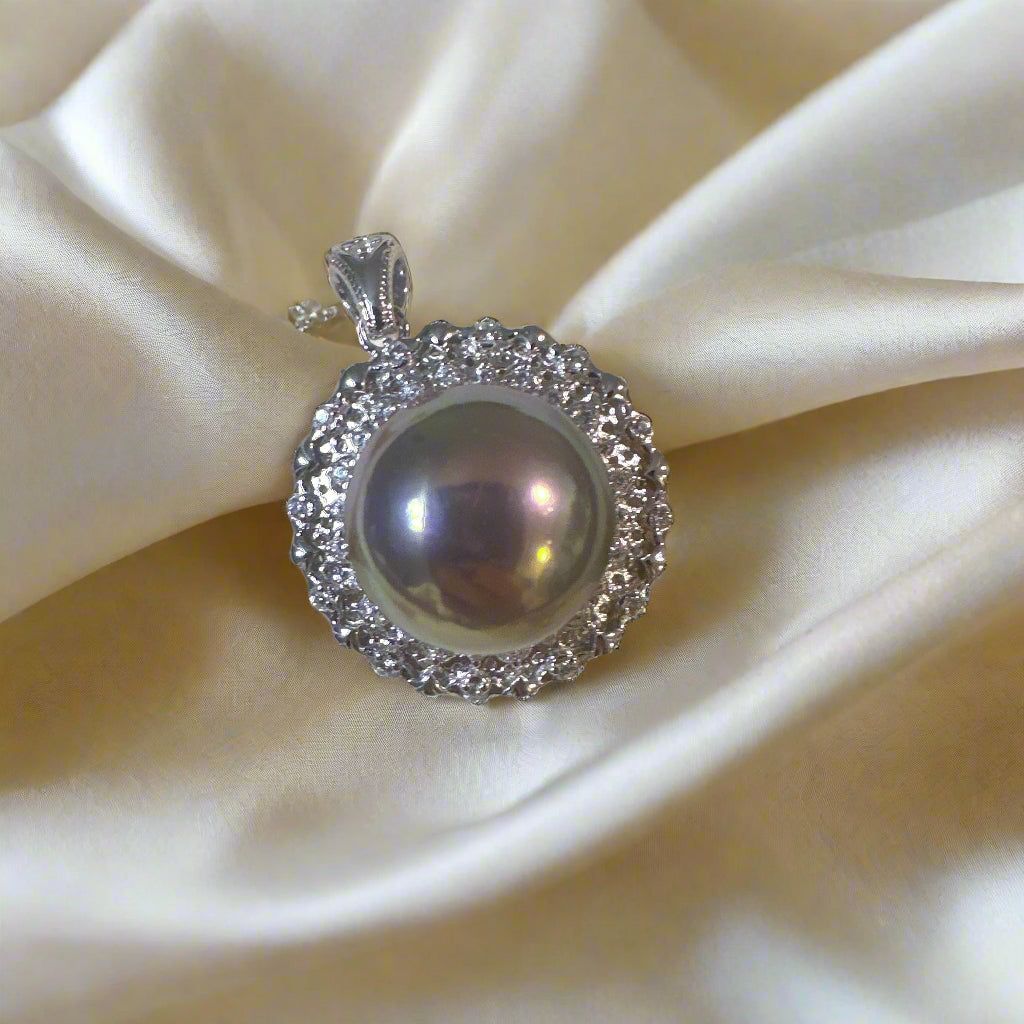 12-13mm Top-Rank Round Freshwater Pearl Pendant with Metabolic Overtone and Zircon Halo