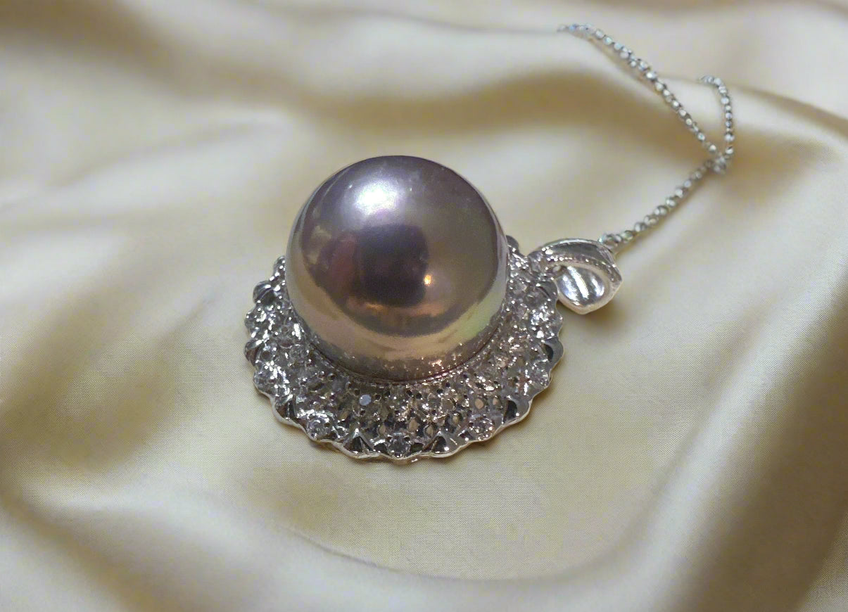12-13mm Top-Rank Round Freshwater Pearl Pendant with Metabolic Overtone and Zircon Halo