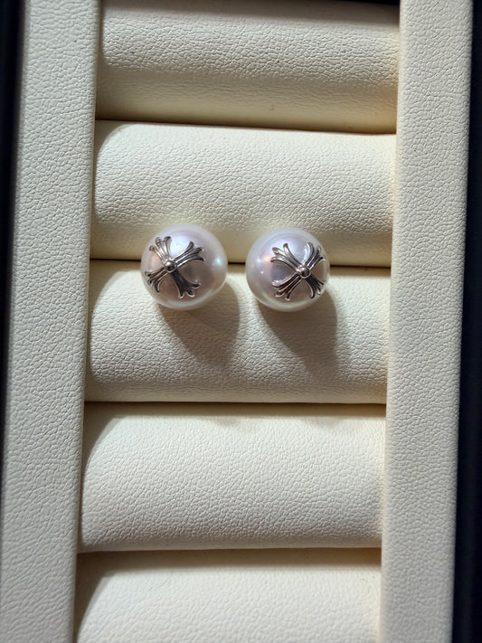 Sterling Silver Cross Freshwater Pearl Earrings